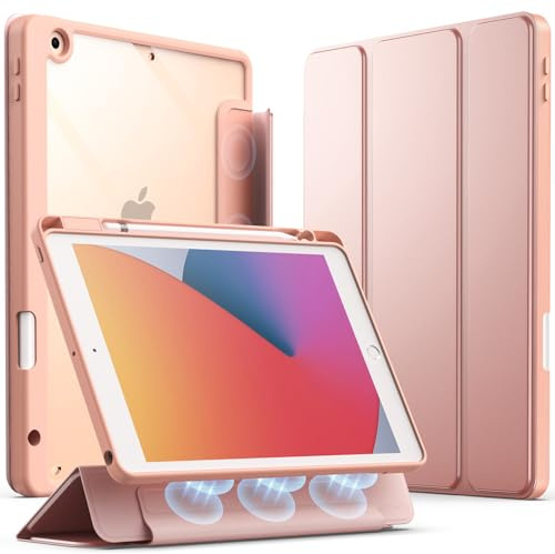 JETech Abnehmbare Hülle für iPad 9/8/7 (10,2 Zoll, Modell 2021/2020/2019, 9./8./7. Generation) mit Stifthalter, Entfernbar Magnetische Abdeckung Trifold Ständer Klar Rückseite (Roségold)