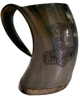Viking By Heart Vero corno di bue lungo 15-17 cm, boccale in corno vichingo con base in legno, inciso con il martello di Thor, capacità 20 OZ, boccale in corno artigianale, regali unici per birra per