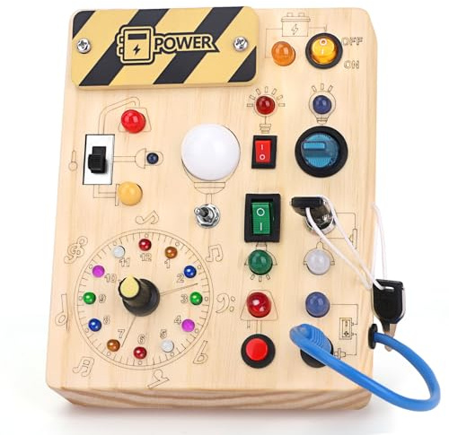Konijiwa Busy Board Montessori Activity Board With 10 Switches and 23 LED Lights - Wooden Sensory Toy for Fine Motor Skills - for Babies and Toddlers 1-4 Years Old Boys and Girls