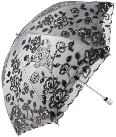 ihreesy Regenschirm Sturmfest mit 8 Rippen, Sonnenschirm Taschenschirme Brautschirm Stickerei Faltschirm doppelstöckig faltbarer Spitzenschirm UV-Schutz Hochzeitsschirm für Braut Damen,Schwarz