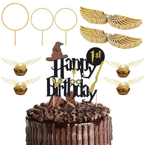 Glitter Magier Tortendeko 1. Geburtstag,54 Stk Wizard Cake Topper 1. Geburtstag,Golden Snitch Wings Schokolade Cake Topper Geburtstag,Kindergeburtstag Party Deko Kuchen Deko,Magic Theme Party Supplies
