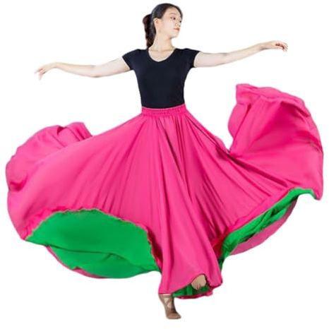 Flamenco Rock Bauchtanz Rock für Frauen 540 Grad Chiffon Langer Rock Maxirock Doppelschicht Großer Swing-Maxirock Festival Performance Kleidung,Rose Grün,S