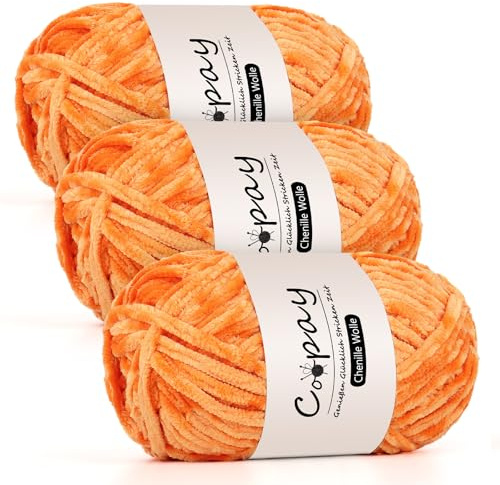 Coopay Lana de Chenilla para Ganchillo - 3 x 100 g de Felpilla Aterciopelada, Hilo Grueso y Esponjoso, Suave para Mantas y Bufandas - Naranja