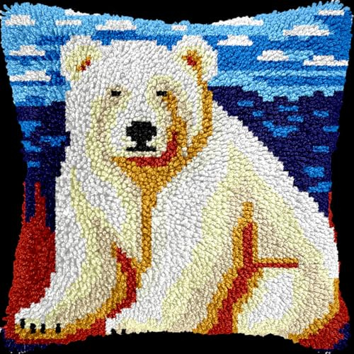 Kitquiver Diy Knüpfkissen Mit Vordruck Knüpfhaken-Set Mit Eisbär-Tiermotiv Für Erwachsene Und Anfänger, Stick- Und Häkelset, Diy-Set Für Kissenbezüge 17x17in