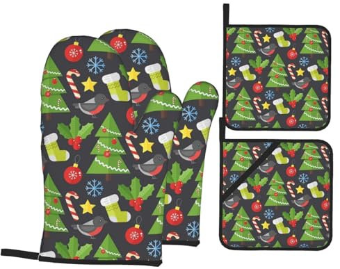 Ofenhandschuhe und Topflappen-Set, Weihnachtsbäume, Vögel, Stern, hitzebeständig, Küchen-Backhandschuhe, rutschfeste Oberfläche zum Kochen, Backen, Grillen, Grillen