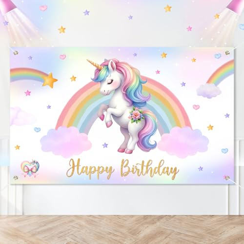 Heboland Unicorn Birthday Backdrop Banner, 180x110cm | Pastel Rainbow Unicorn Birthday Banner, Large Polyester Fabric Background, Girls Birthday Decorations Photo Booth Props