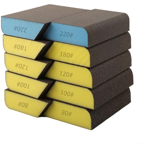 Getdoublerich Lot de 10 éponges de ponçage lavables - Éponges de ponçage grossières et fines - Grain 80-220 - Blocs d'éponge de ponçage biseautés pour le travail du bois