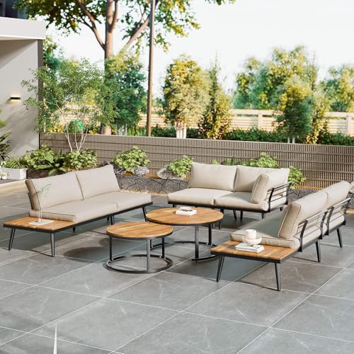 DRIXNO Gartenlounge-Set für 5-6 Personen, Gartenmöbel Beige, Essgruppe für Terrasse Balkon Garten Indoor Outdoor, Rahmen aus verzinktem Eisen, Essgruppe 6-TLG, (2x2er-Sofa, 2xEinzelsessel, 2xTisch)
