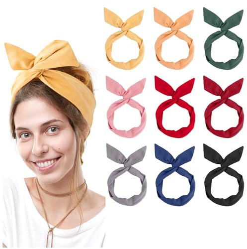 ANNASAMDO Lot de 9 bandeaux vintage pour femme - En fil métallique flexible - Avec nœud - Accessoire de cheveux rétro pour femme et fille (9 couleurs)
