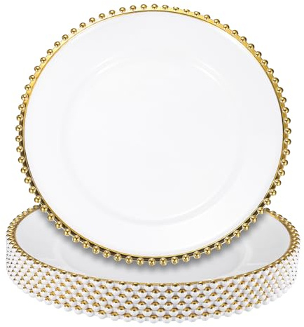 QUARKZMAN 6 klare Platzteller, 33 cm, runde Platzteller aus Kunststoff mit Perlenbesatz, Abendessen-/Dessertteller für Hochzeitsfeiern, Tischdekoration, Gold auf Weiß