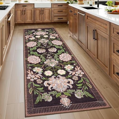 GarveeHome Plum Pink Floral Botanical 2x6 Washable Kitchen Runner Rugs Non Slip Black Purple Vintage Boho Cottage Long Rug for Hallways Bedroom Entryway Bathroom Mat with Rubber Back
