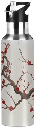 Mexpekil Bouteille d'eau rétro japonaise en forme de fleur de cerisier - Bouteille d'eau isotherme en acier inoxydable avec paille - Bouteille d'eau étanche - Pour enfants et adultes - 600 ml