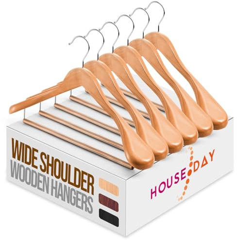 HOUSEDAY Perchas de madera, 6 unidades, perchas de madera, almohadilla ancha para los hombros, gancho giratorio 360°, antideslizante, con barra redonda para trajes, camisas, abrigos, chaquetas