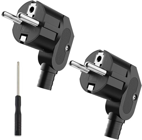 MejaRizon Schuko Stecker, 2 Stücke Winkelstecker 250V/16 A, Stromstecker mit Schraubenzieher, IP20 Netzstecker für 8-10mm Kabel, Langlebig und Bruchfest Schukostecker, Schwarz