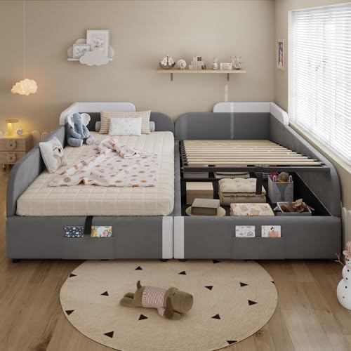 Kinderbett Polsterbett 90x200, Kombiniertes Bettgestell mit Hydraulisch Stauraum&Zaun&Aufbewahrungstaschen, Einzelbett Doppelbett Stauraumbett Jugendbett mit Lattenrost, Samt, Ohne Matratze, Grau