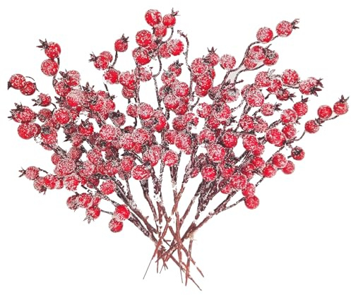 16 Stück Weihnachten Künstliche Beerenzweige Rot, Weihnachtsdeko Rote Beeren Deko Schnee Gefrostet Gefälschte Beerenzweige Kleben Stechpalmenbeeren für Weihnachtsbaum Handwerk Winter Home Decoration