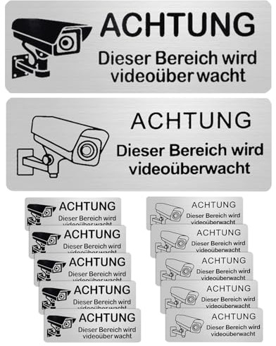 Donvuka 12 Stück Videoüberwachung Schilder, Selbstklebend Aluminium Schild Warnschild,Aluminium Hinweisschild Kamera Überwachung Schild für Öffentliche und private Orte,85×30mm