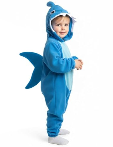 Kids Shark Costume - Small - Blue Jumpsuit with Attached Shark Hood, Fin and Tail - Childs Boys Girl Sea Creature Animal Halloween World Book Day Fancy Dress Costume