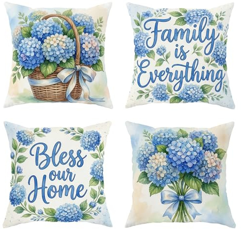 Juego de 4 fundas de cojín de hortensias, diseño floral rústico, color azul primavera, terciopelo suave, lavable, cuadradas, para sala de estar, apartamento, cama, sofá, decoración de 20 x 20 pulgadas