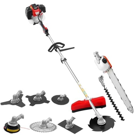 9 in 1 Benzin Motorsense, 52cc 1.7kw Freischneider, 2-Takt Hochentaster Kombisystem Freischneide, Profi-Heckenschere, Multifunktionale Hochentaster Teleskopsäge, 11.8 Zoll Schwert, 9.8 Zoll Klinge