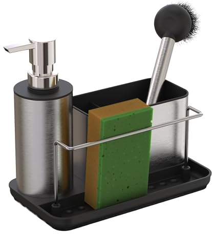 Relaxdays Organizador de Fregadero con dispensador y portaesponja, Acero Inoxidable, 19x21x12 cm, Set Cocina