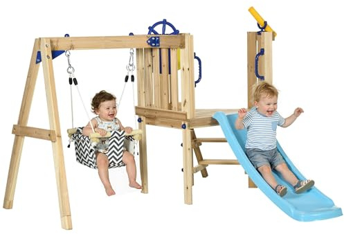 AIYAPLAY Altalena e scivolo per bambini, da esterno, in legno, con altalena, scivolo, volante, telescopio, per bambini da 18 a 48 mesi, per cortile, prato, naturale