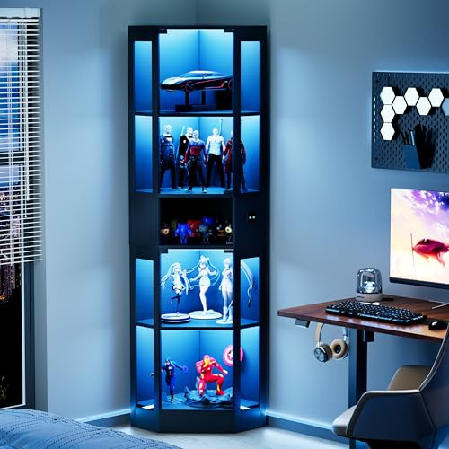 VHV Eckvitrine mit gehärtetem Glas,165cm Höhe Eck Vitrinenschrank mit LED Beleuchtung für Sammlerstücke, Hohe Glasvitrine mit Smart Human Sensor für Wohnzimmer & Büro (Schwarz)
