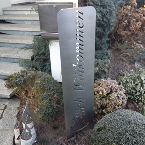 ARTTEC Schild, Hinweisschild, Gartenschild Herzlich Willkommen - hochwertige Gartendeko aus Metall - Edelstahl Deko für Garten, Balkon & Terasse - Metall Deko zum Aufstellen - Made in Germany