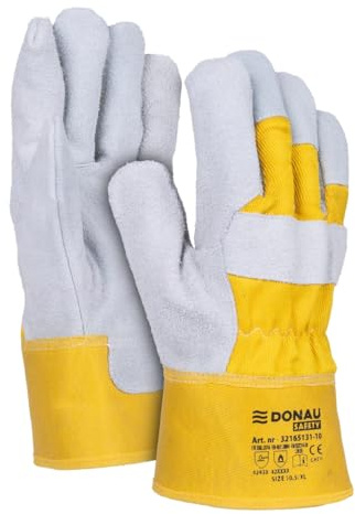 DONAU SAFETY robust läder arbetshandskar docktyp/storlek 10,5/XL – 1 par/grå-gul/av kospaltläder/skyddshandskar/läderhandskar