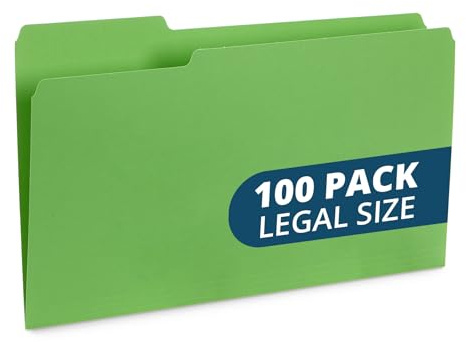 Blue Summit Supplies Green Legal File Folders, 1/3 Cut Tab, Legal Size, Great for Organizing and Easy File Storage, 100 Per Box