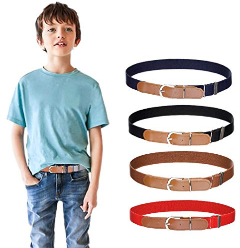 Cinturón elástico para niños y niñas de 4 piezas - Cinturón de hebilla ajustable con cuero para niños de 3 a 15 años (Azul marino/Negro/Marrón/Rojo)
