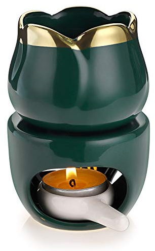 BSTKEY Keramik-Duftlampe für ätherische Öle, Wachsschmelzbrenner mit Kerzenlöffel, dekorativer Aroma-Teelichthalter, Ölbrenner für Wachsschmelzen, Blumenmodell (grün)