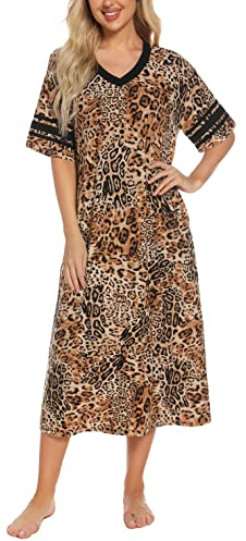Vslarh Chemise de nuit douce à manches courtes et col en V pour femme avec poches Taille S à XXL, Léopard, S