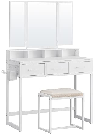 VASAGLE Schminktisch mit gepolstertem Hocker, Frisiertisch mit dreifachem Spiegel, 3 Schubladen, Haartrocknerhalter, Kosmetiktisch, moderner Stil, weiß RVT004W14