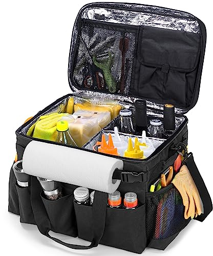 HODRANT Large Grill Caddy with Lid, BBQ and Picnic Bag Organizer with Paper Towel Holder, Tailgating Accessories Basket for Barbecue Utensil & Camping Gear Must Haves, Black, Bag Only