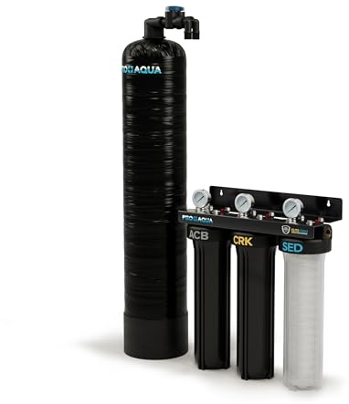 PRO+AQUA Elite Whole House Water Filter 3 Stage Well Water Filtration System w/Gauges, PR Button, 1” Ports, Filter Set (10 GPM Salt-Free Bundle)