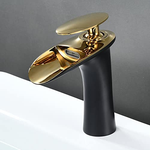 SHUNLI Bathroom Sink Taps Mixers - Black Gold Bathroom Basin Mixer Tap - Waterfall Bathroom Faucet Single Hole