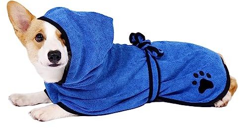 COMFPET Hundbadrock med huva, absorberande hundbadrock för torkning efter bad, handduk för katter och hundar av alla raser, S (blå)