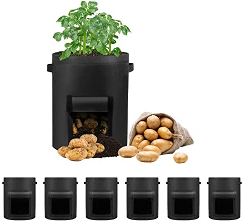 LITLANDSTAR 6 Stück 15 Gallonen Kartoffel Pflanzsack, Kartoffel Pflanzsack aus Vliesstoff mit Sichtbarer Klappe und Griffen für Pflanze Tomaten, Kartoffeln, Gemüse und Blumen（40 x 45 cm, Schwarz）