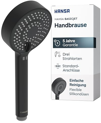 HANSA BASICJET Duschkopf mit 3 Strahlarten I Handbrause Dusche I Anti-Kalk Funktion I Brausekopf 95 mm Durchmesser | Standard G 1/2 Anschluss | Schwarz