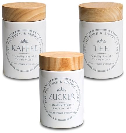 KHG Vorratsdosen Kaffee Tee Zuckerbehälter je 1 L, luftdicht, für Zuhause | Küchenaufbewahrung Steingut Keramik mit Holzdeckel aus Bambus, Landhaus und Vintage Stil, luftdichter Verschluss