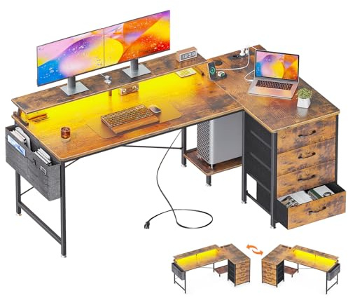 ODK Bureau d'angle en L avec Prises USB et Courant, 160x80x84.7cm Informatique Réversible, 4 Tiroirs et Tablette pour Écran, Marron