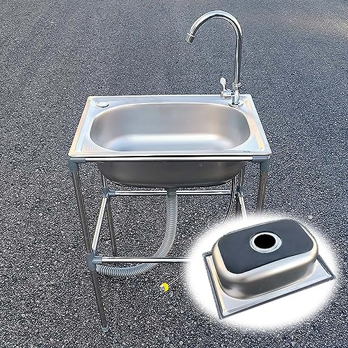 HCZION Edelstahl Spülbecken Küchenspüle Ausgussbecken Mobile Waschbecken Freistehende Spültisch Werkstatt Waschküche Außen Edelstahlspüle Standwaschbecken (Color : Cold, Size : 48X35cm/18.8x13.7in)