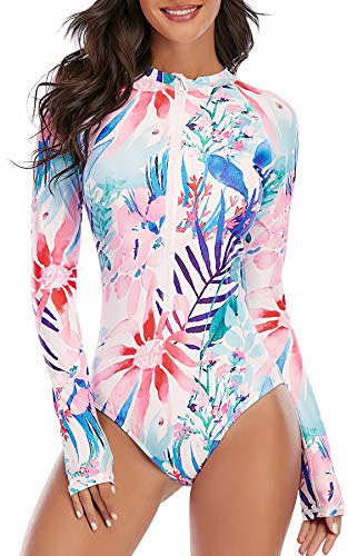 Zando Womens Long Sleeve Swimming Costume UPF 50+ Zip Up Rash Guard Swimsuit One Piece Floral Surf Bathing Suit for Beach Pool Holiday, Colourful Leaves, M