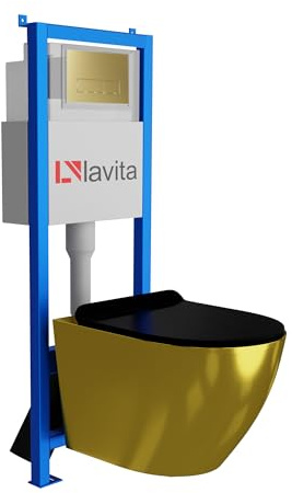 Lavita LAV 101 Vorwandelement für WC 40cm + Wand Hänge Tiefspül WC SOFI SLIM GOLD/BLACK Spülrandlos + Bedienplatte LAV 200.3.5 Gold | Komplettset | Unterputz Spülkasten | Toilette Komplett Sett