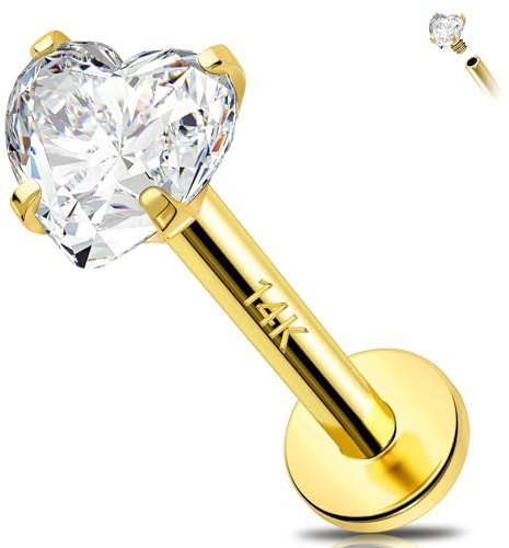 Melighting 14K Gelbgold Spirale Ohrringe mit CZ Heart Tragus Piercing Schmuck, Stöpsel, 16g, Innengewinde, Kugelverschluss, für Frauen