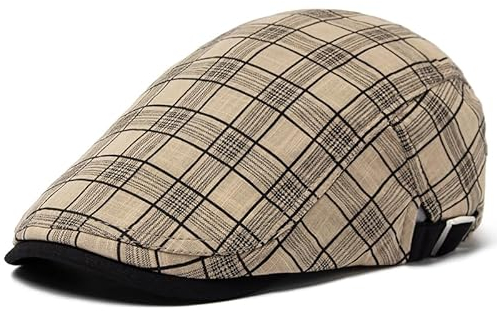 JZTDYPP Schiebermütze Herren Sommer Dünne Baskenmütze Männer Vintage Plaid Baumwolle Leinen Visier Flache Entenschnabel Kappen Für Frauen Baskenmützen Boina Weiblich, Kariert Khaki, 54-59 cm