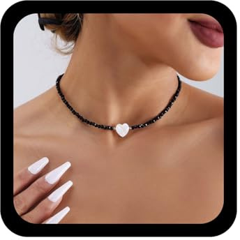 Wendalern Schwarzer Onyx Perlen Choker Halskette Nachahmung Kristall Perlen Kette Perlmutt Herz Vintage Spinell Perlen Kragen Party Prom Schmuck für Frauen und Mädchen