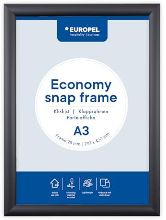 EUROPEL Cadre Clipsable A3 Noir – Aluminium Anodisé, Film Anti-Reflets, Portrait & Paysage – Affichage Poster 297×420 mm, Restaurant, Galerie, Hôtel & Bureau