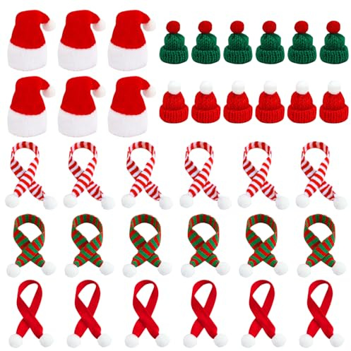 JOKILY Mini Weihnachtsmütze und Schal,Weihnachts Haarschmuck, Kleine Mützen, Weihnachtsschal für Weihnachtsdeko DIY Puppenzubehör Flaschendeko Heimdekoration Partydeko